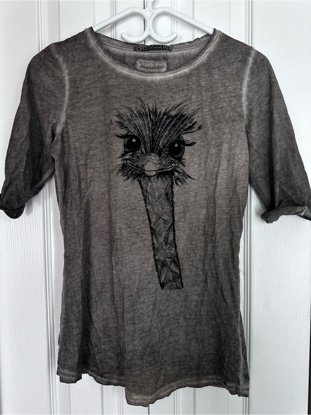 AllSaints Women’s Gray Short Sleeve Tee with Ostrich Sketch
